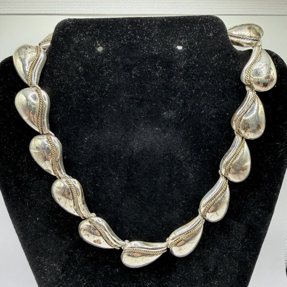 Heavy 925 Sterling Silver Puffy Teardrop Statement Necklace 17.5" 109.6g